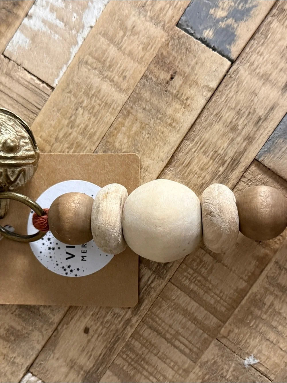 Handmade Boho Wood Bead & Vintage Brass Bell Keychain/Bag Charm- Natural/Rust